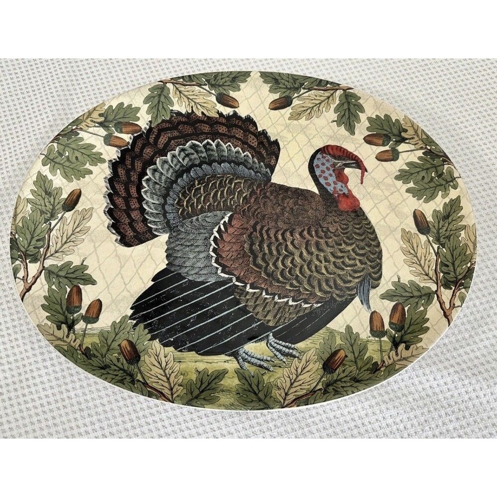 John Derian Target 14x19 Oval Platter Fall Turkey Acorns Leaves Border Large